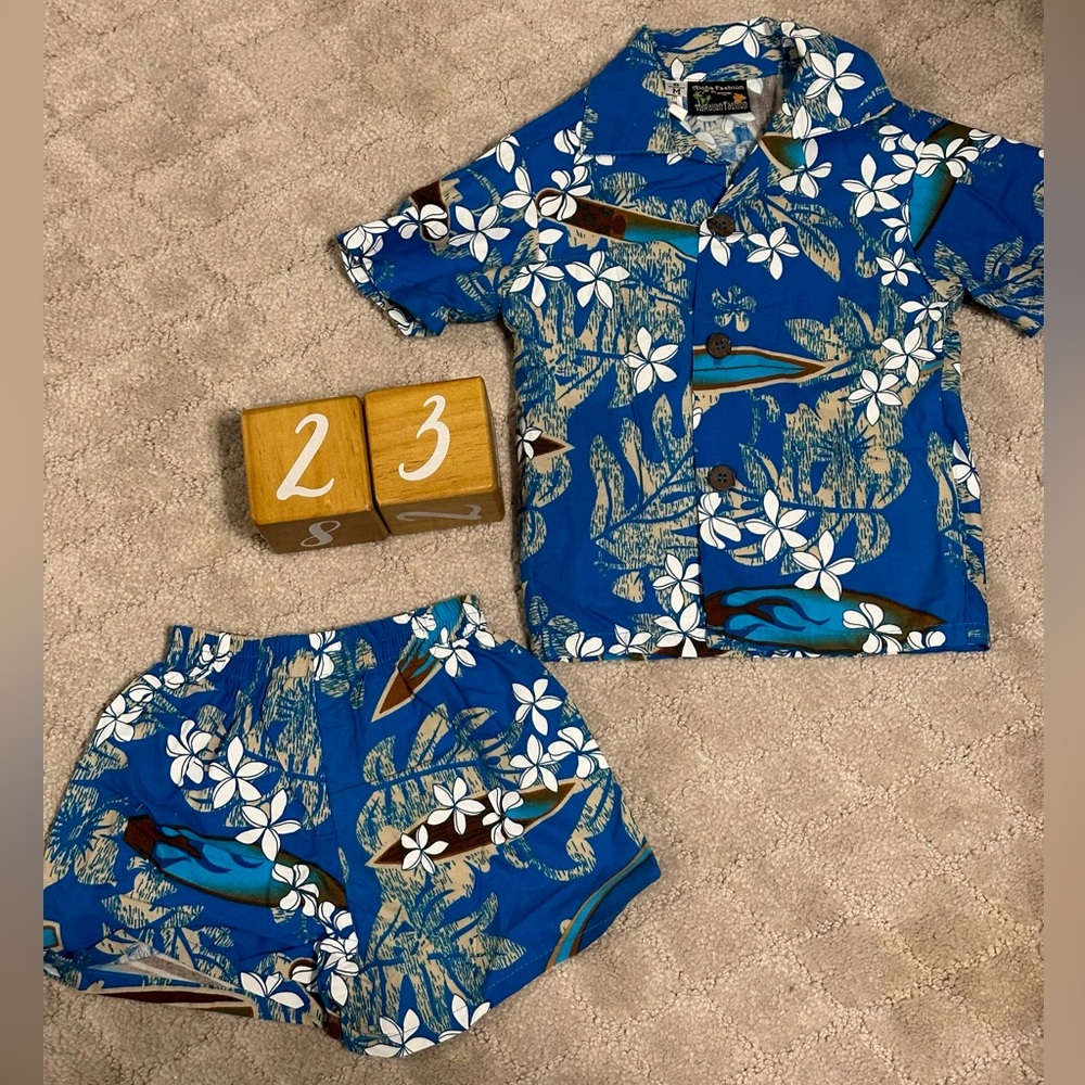 Aunthentic Hawaiian Blue Shirt and Shorts Set